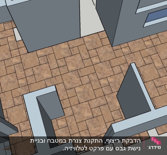תוכנית רצפה עם אריחים חומים בתהליך שיפוץ